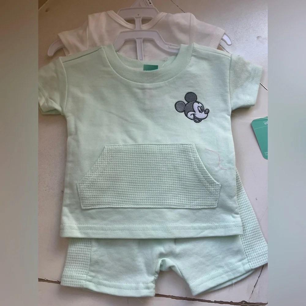 Disney White and Mint Mickey & Pluto Baby 3 Piece Set